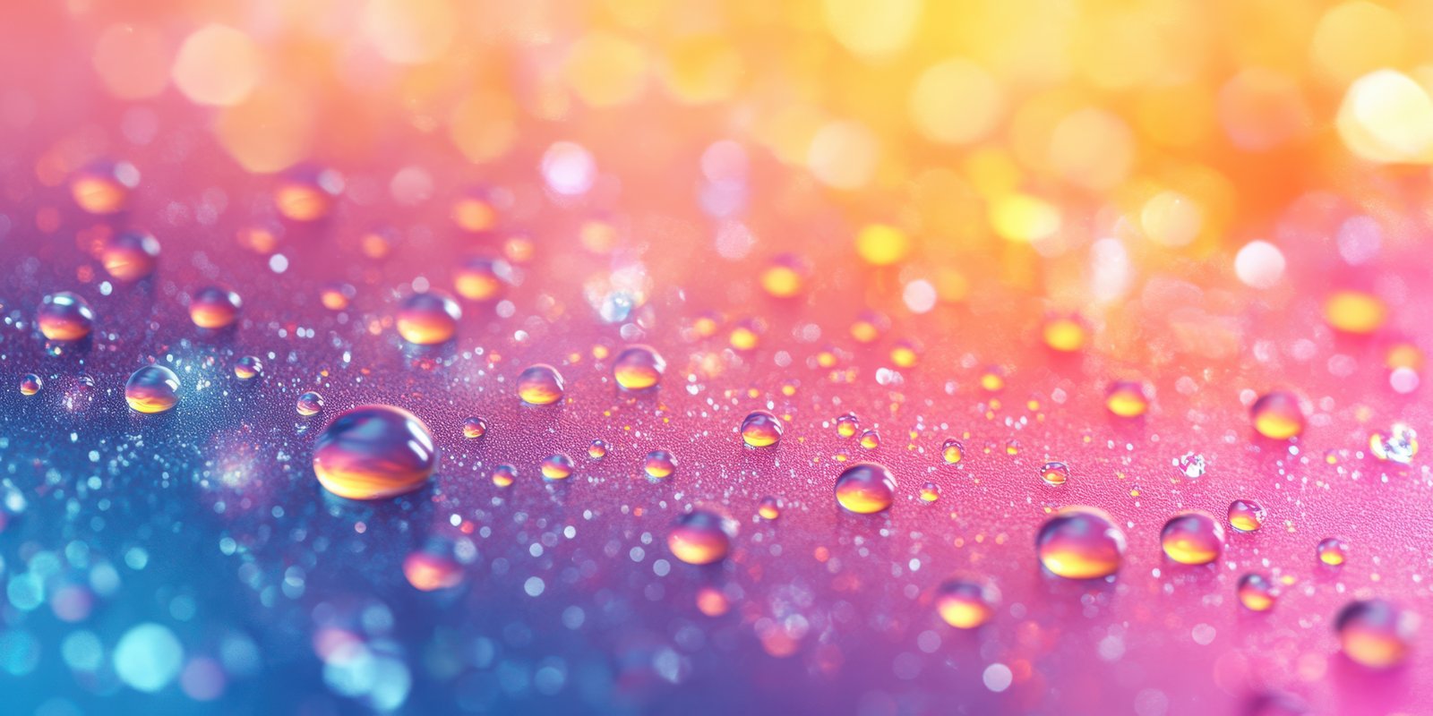 Colorful water droplets reflecting light on a vibrant, gradient background in an artistic composition
